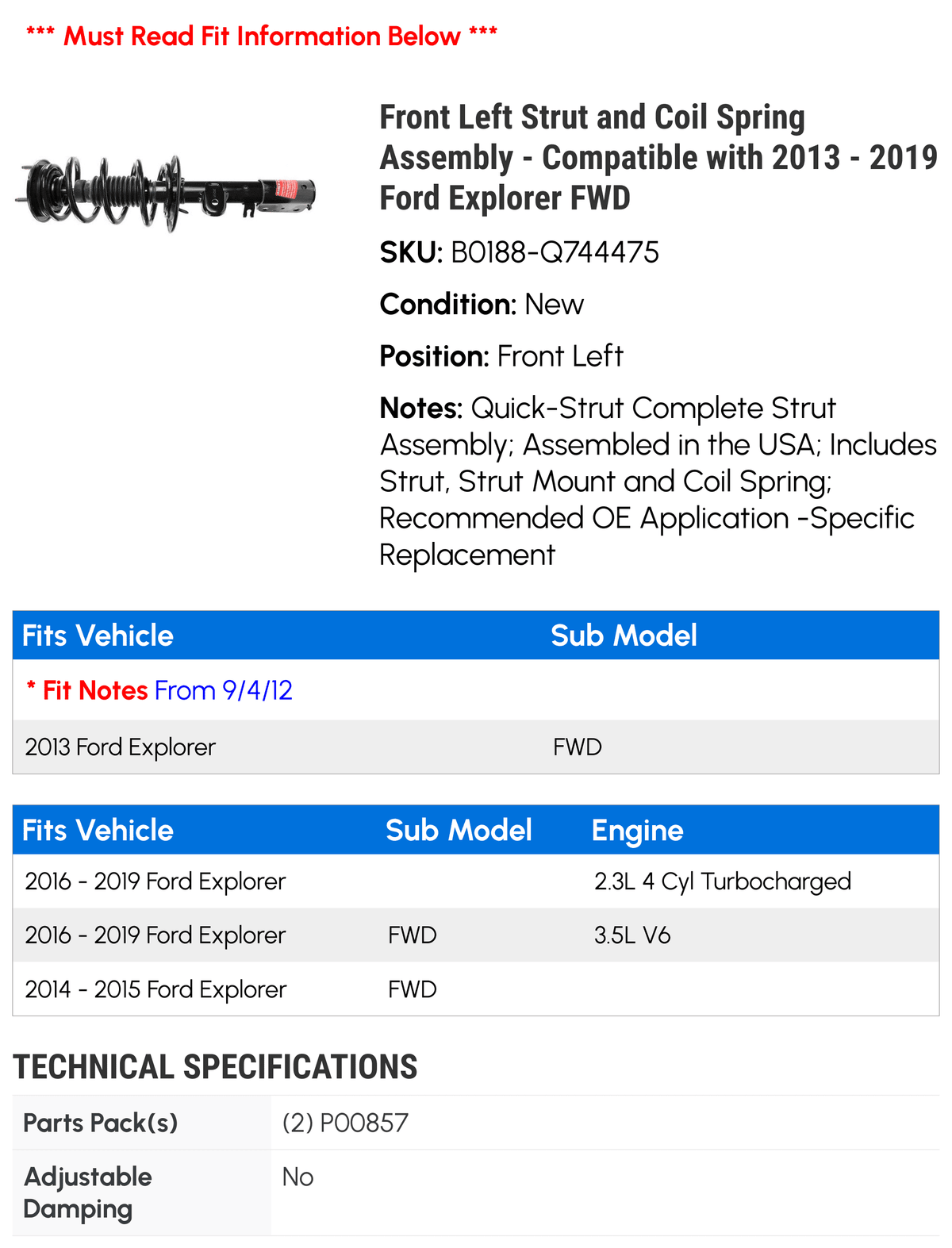 Front Left Strut and Coil Spring Assembly - matching with 2013 - 2019 Explorer FWD 2014 2015 2016 2017 2018