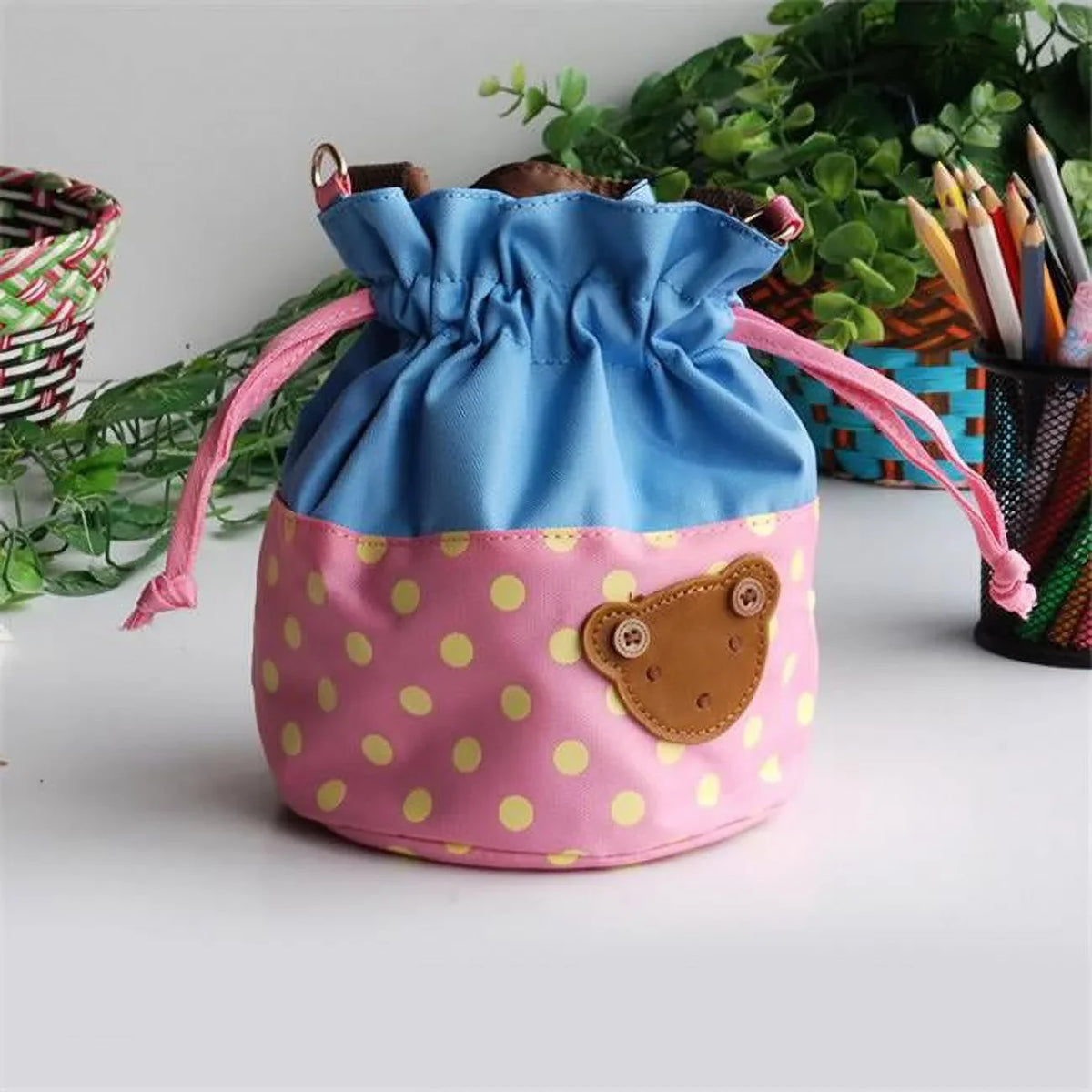 Bear-Pink Blancho Applique Kids Fabric Art Bucket Bag Bento Lunch Box & Shopper Bag Orange. 5.7 x 6.3 x 7.8 in