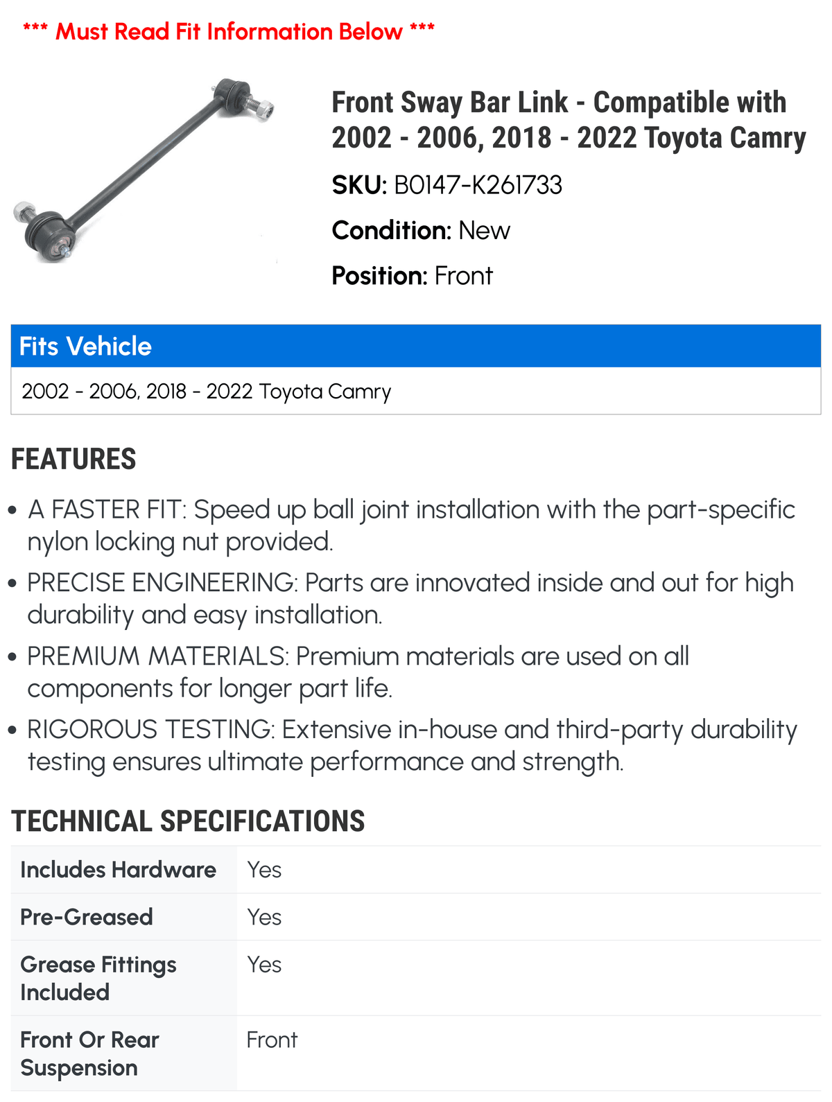 Front Sway Bar Link - matching with 2002 - 2006, 2018 - 2022 Camry 2003 2004 2005 2019 2020 2021
