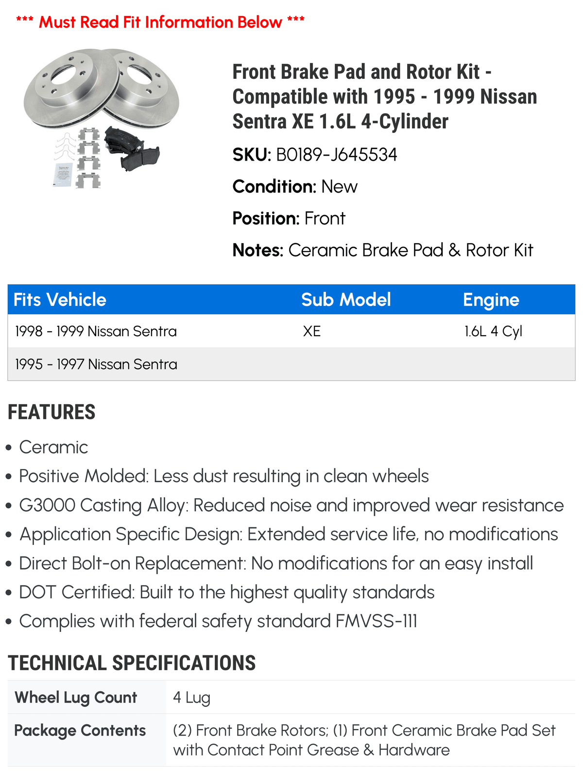 Front Brake Pad and Rotor Kit - matching with 1995 - 1999 Nissan Sentra XE 1.6L 4-Cylinder 1996 1997 1998