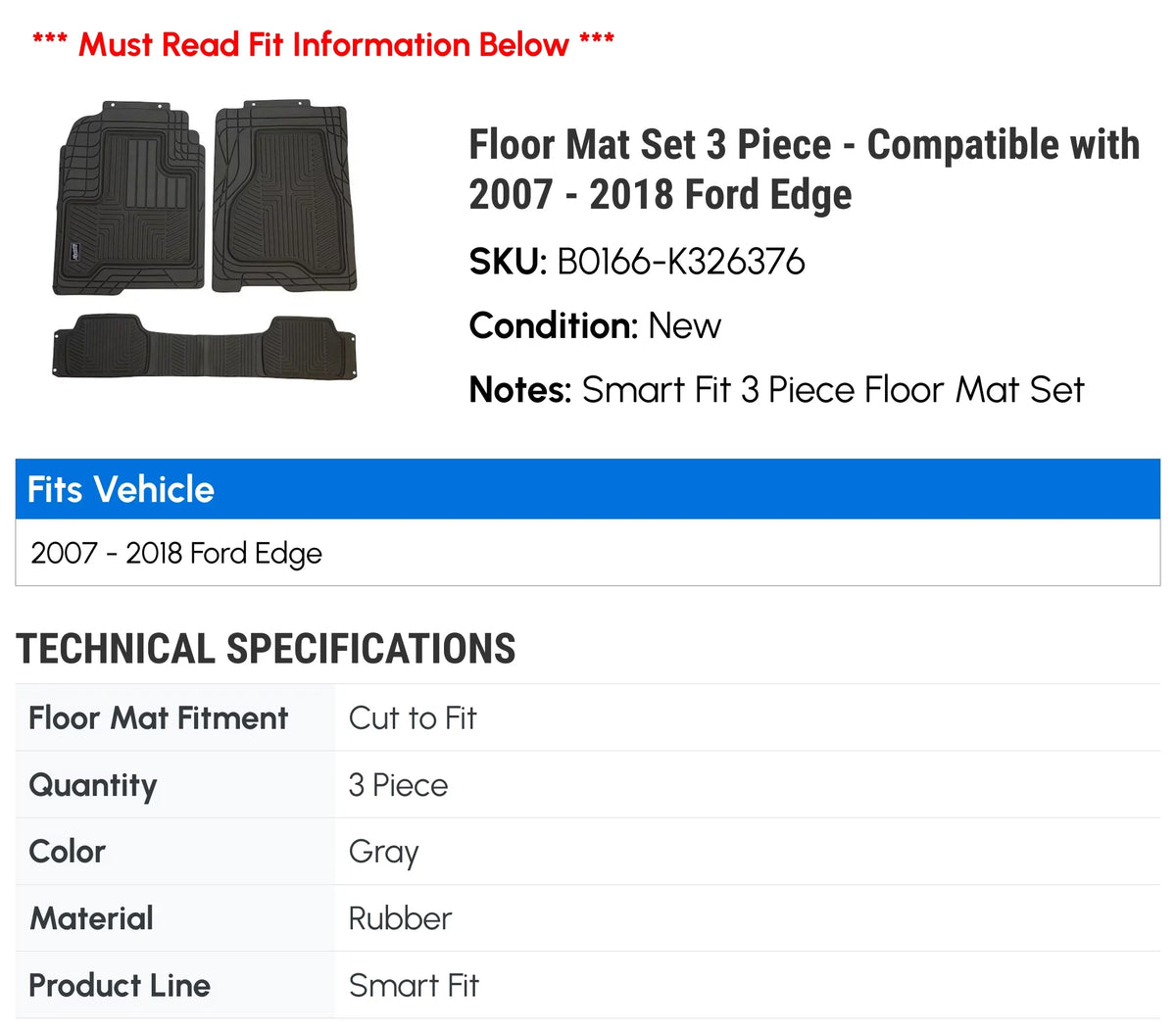 Floor Mat Set 3 Piece - matching with 2007 - 2018 Edge 2008 2009 2010 2011 2012 2013 2014 2015 2016 2017