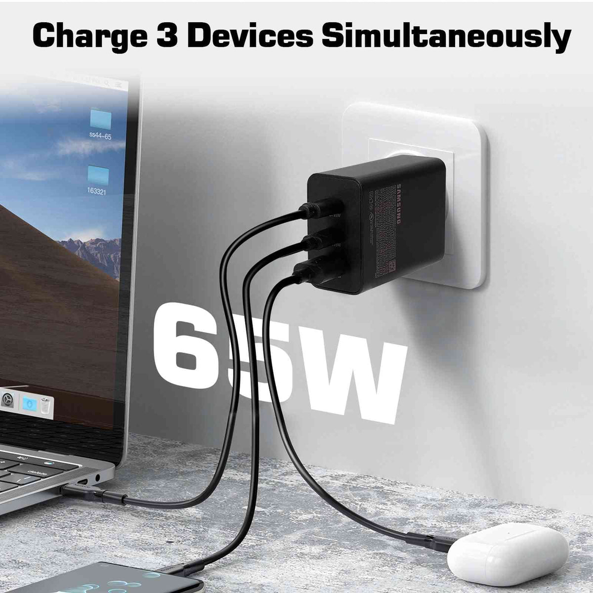 65W Fast Travel Charger with 3 Ports - USB & Dual USB-C - High-Speed Charging for Xperia Z3v/Z3/Z3 Compact/Z2 Tablet LTE/Z2 Tablet Wi-Fi iPhone, Galaxy, Laptops, Phones Google Pixel, MacBook