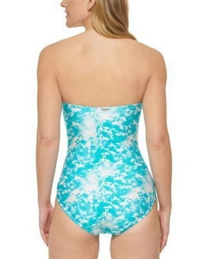 Calvin Klein TROPICAL WATERS Printed V-Notch Bandeau One-Piece Swimsuit, US 18