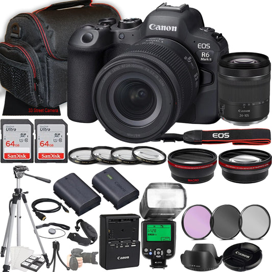 EOS R6 Mark II Mirrorless Camera w/RF 24-105mm f/4-7.1 IS STM Lens + 2X 64GB Memory + Case + Filters + TTL Flash + More (35pc Bundle)