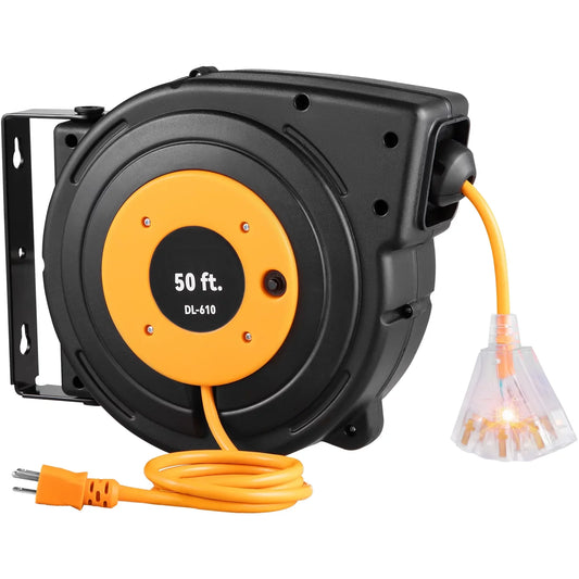 BENTISM Retractable Extension Cord Reel, 50 ft, Heavy Duty 14AWG/3C SJTOW Power Cord, with Lighted Triple Tap Outlet, 13 Amp Circuit Breaker, 180° Swivel Bracket for Ceiling or Wall Mount, UL Listed