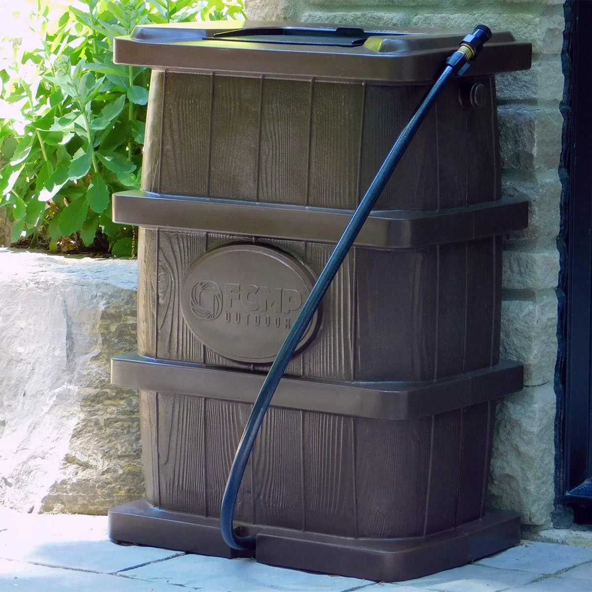 FCMP Outdoor WG4000 45 Gallon Wood Grain Rain aqua Catcher Barrel, Brown