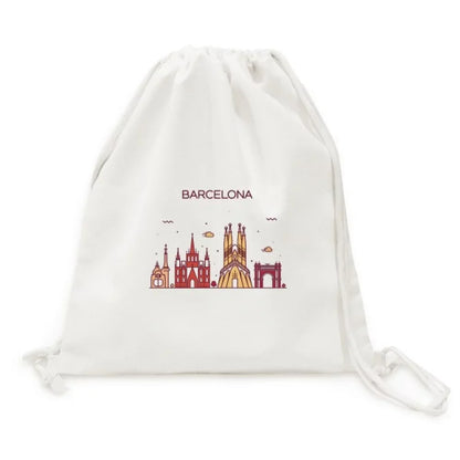 Barcelona Spain Flat Landmark Pattern Backpack Canvas Drawstring Reusable Mesh Shopping Bag