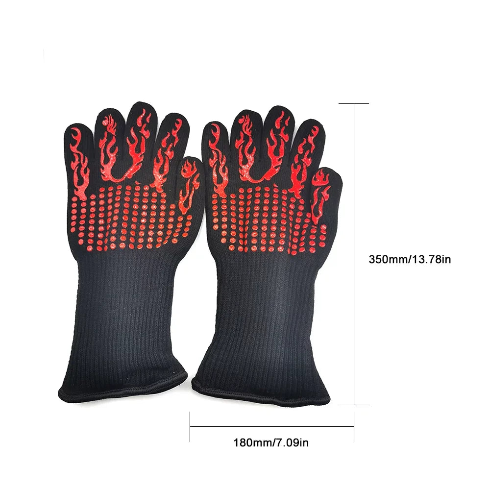 CACAGOO Barbecue Gloves with Silicone -slip Stripe Heat Proof Oven Gloves 500~800℃ Heat protected Grill Gloves for Outdoor Barbecue Garden Grilling Kitchen Cooking Welding