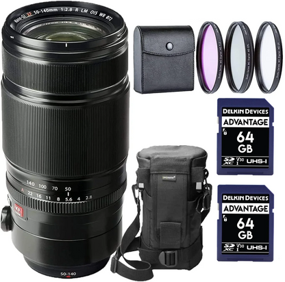 Fujifilm Fujinon XF 50-140mm F2.8 R LM OIS WR Lens Bundle with 2X SDXC Memory Card, 3 PC Filter kit, Flexible Tripod & Lens Case | Fuji 50-140mm f2.8 (USA Authorized - Fujifilm Warranty)