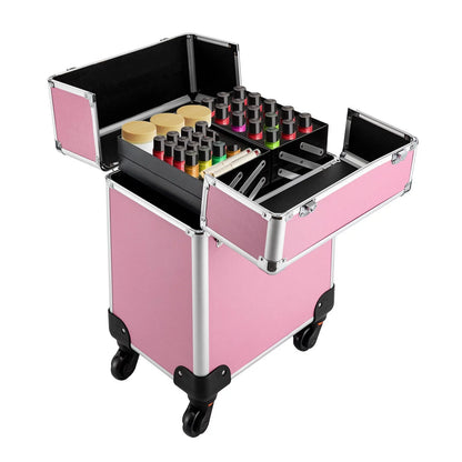 ZhdnBhnos Professional Rolling Extendable Makeup Train Case Cosmetic Trolley Storage Box Organizer (Pink)