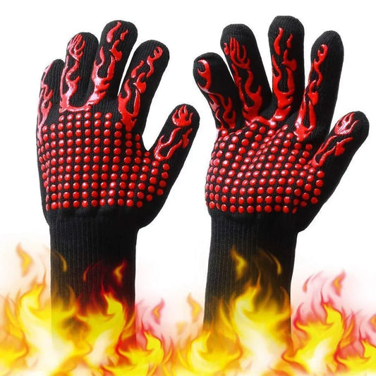 CACAGOO Barbecue Gloves with Silicone -slip Stripe Heat Proof Oven Gloves 500~800℃ Heat protected Grill Gloves for Outdoor Barbecue Garden Grilling Kitchen Cooking Welding