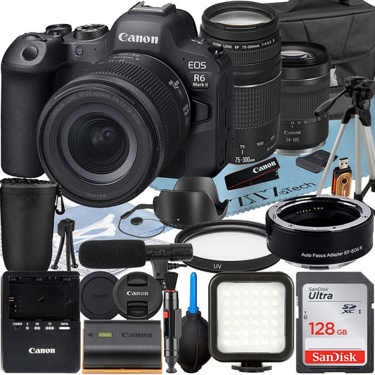 EOS R6 Mark II Mirrorless Camera with RF 24-105mm Lens + EF 75-300mm + Mount Adapter + SanDisk 128GB Memory Card + Case + LED Flash + ZeeTech Accessory Bundle
