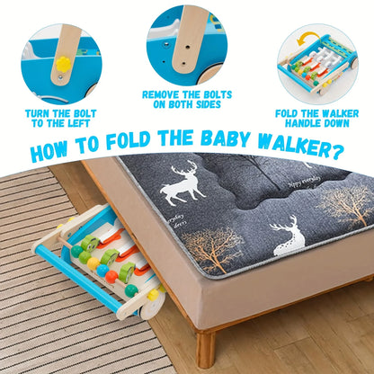 Baby Walker Wooden Foldable Sit-to-Stand Learning Baby Push Walker Kids Activity Center Toddler Push Along Trolley with Fishing Toy Gear for Boys Girls Infants