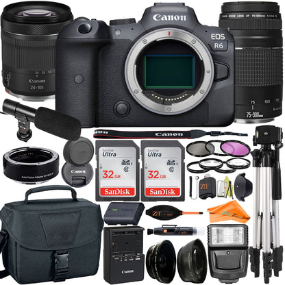 EOS R6 Mirrorless Digital Camera with RF 24-105mm STM + 75-300mm Lens + Mount Adapter + 2 Pack SanDisk 32GB + ZeeTech Accessory