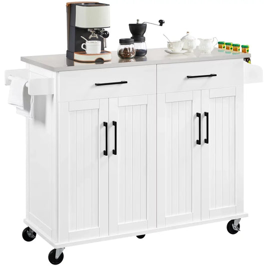 Yaheetech Kitchen Island with Storage Drawers & Cabinets & Towel Bar & Spice Rack, White