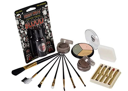 Zombie Makeup Kit By Bloody Mary - Halloween Costume Special Effects Palette - Walking Dead FX Makeup Tools - 5 Crayons, Blood, Setting Powder, 4 Application Brushes, 1 Sponge - Carrying Case Included