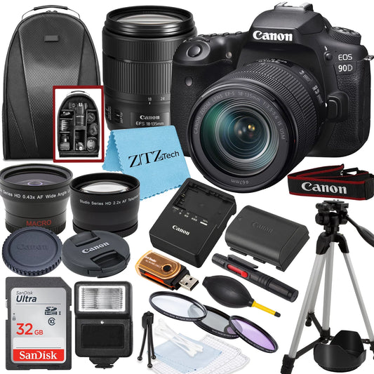 EOS 90D DSLR Camera with 18-135mm Lens, SanDisk 32GB Memory Card, Backpack, Flash, Tripod and ZeeTech Accessory Bundle