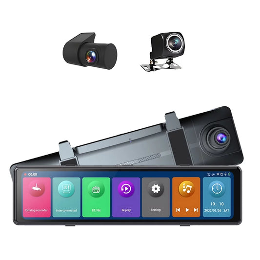 Andoer 3 Cameras Dash Cam 12in 2.5K Clear Car Rearview Mirror Car Video Recording Touched Screen Car Recorder Carplay Auto Driving Recorder