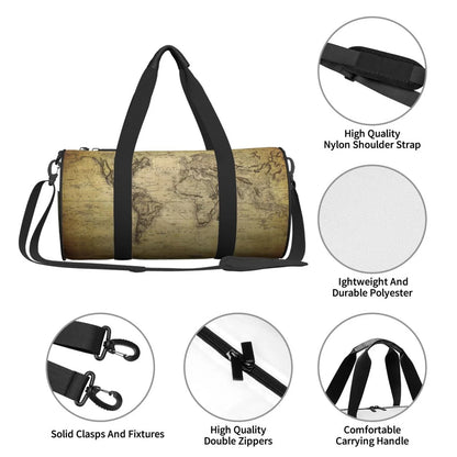 Coaee Vintage World Map Large Capacity Travel Luggage Bag Cylinder Gym Bag Waterproof Sports Bag with Pocket and Compartment