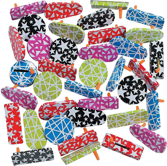 Fun Express 50 Pieces Bulk Metal Noise Makers and Clackers, outstanding for Noise Makers during New Years, Sporting Events or Gragers for Purim, Assorted Sizes, Shapes and Bright Colors
