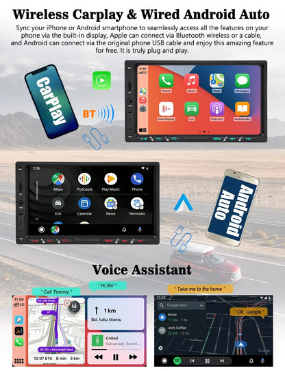 Android 11 Car Stereo with Wireless  Carplay Double Din Android Auto Car Radio 7 Inch IPS G+G Touch Screen Bluetooth WiFi GPS Navigation Mirrorlink DSP Octa Core Backup Camera