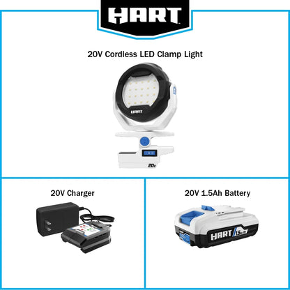 HART 20-Volt LED Clamping Light Kit, 900 Lumens, (1) 1.5Ah Lithium-Ion Battery
