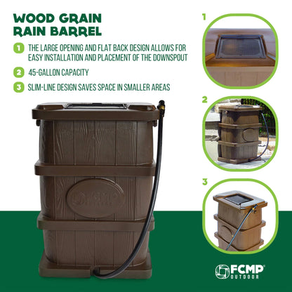 FCMP Outdoor WG4000 45 Gallon Wood Grain Rain aqua Catcher Barrel, Brown