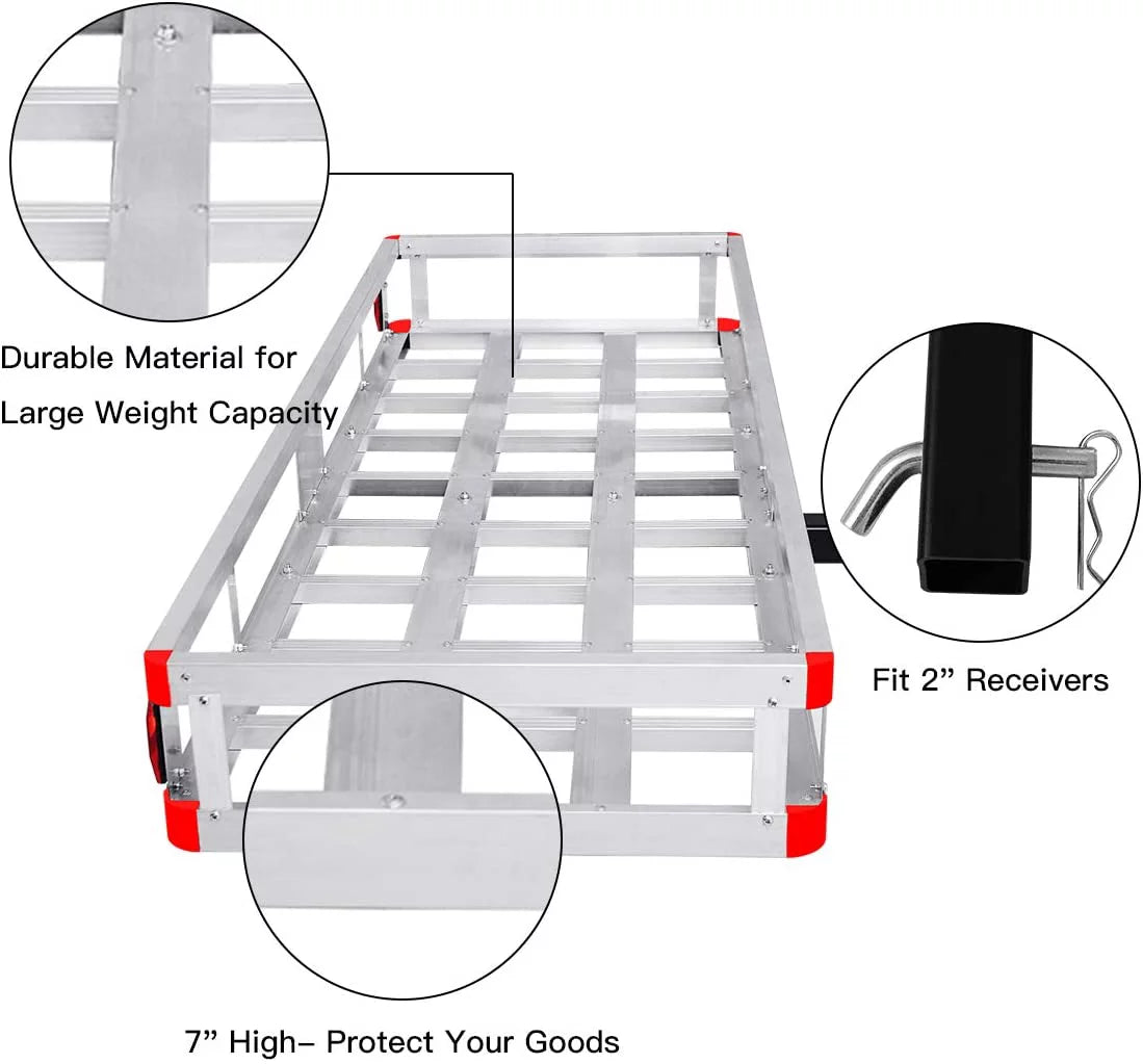 Hitch Cargo Carrier Fits 2” Receiver, 60” x 22” x 7” Mount Luggage Rack, Aluminum Trailer Vehicle Cargo Basket for SUV, Truck, Car, 500LBS Capacity