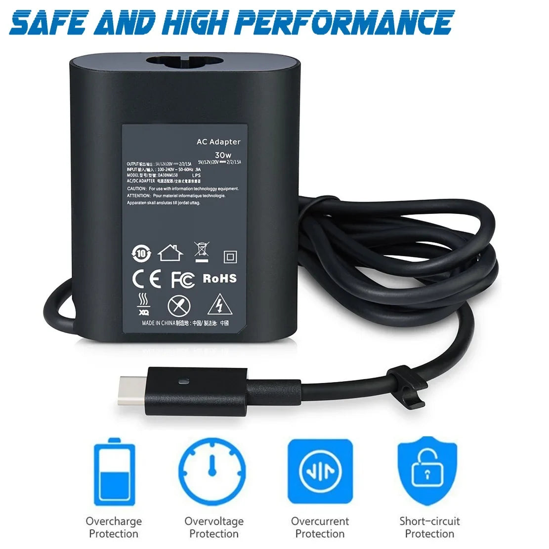 EBK 30W Replacement AC Power Adapter Charger for  XPS13 9365 XPS12 9250 Latitude 7350 7275 5175 5179 ( USB Type-C Connector )