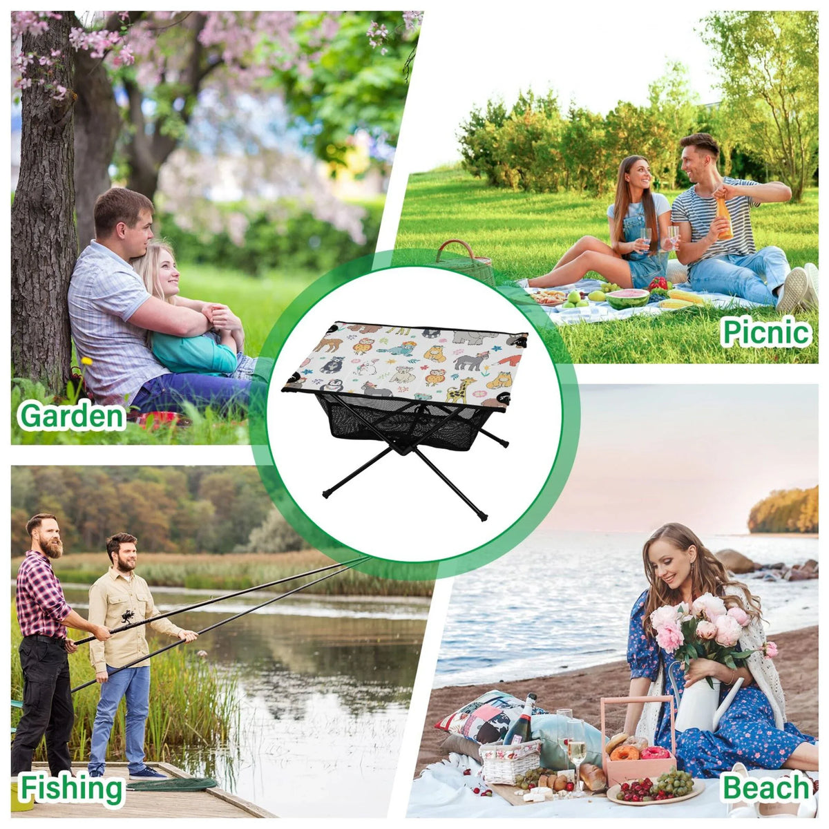Cartoon Elephant Bear Giraffe Fox Camping Folding Table Portable Beach Table with Storage Bag Compact Picnic Table for Outdoor Travel Fishing BBQ