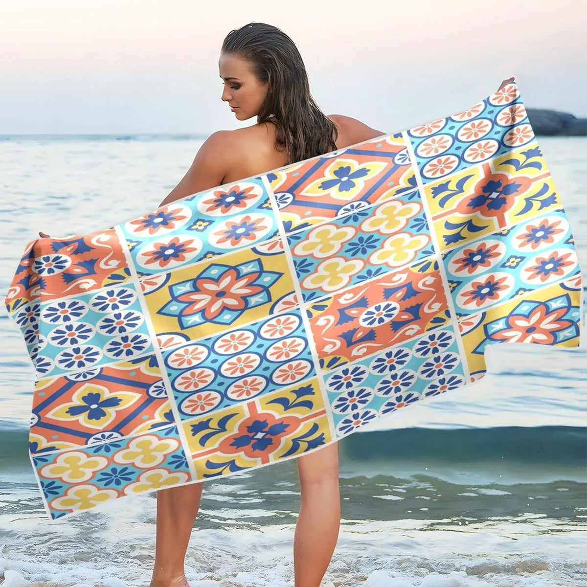 Bestwell Mexican Talavera Tiles Style Beach Towel Oversized Towel Blanket, Thin Lightweight Microfiber Sand Free Quick Dry Towel, 31”X71” Multipurpose Pool Bath Yoga Swim Shower Towel