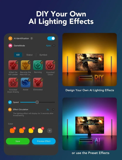 Govee AI Gaming Sync Box Kit, with Light Bars And Monitor Back Light, HDMI2.0 4K Gaming Box, RGBIC LED Light Strip for 27-34 inch Monitors, Works with Alexa, Google Assistant, and CEC, 3 HDMI In 1 Out