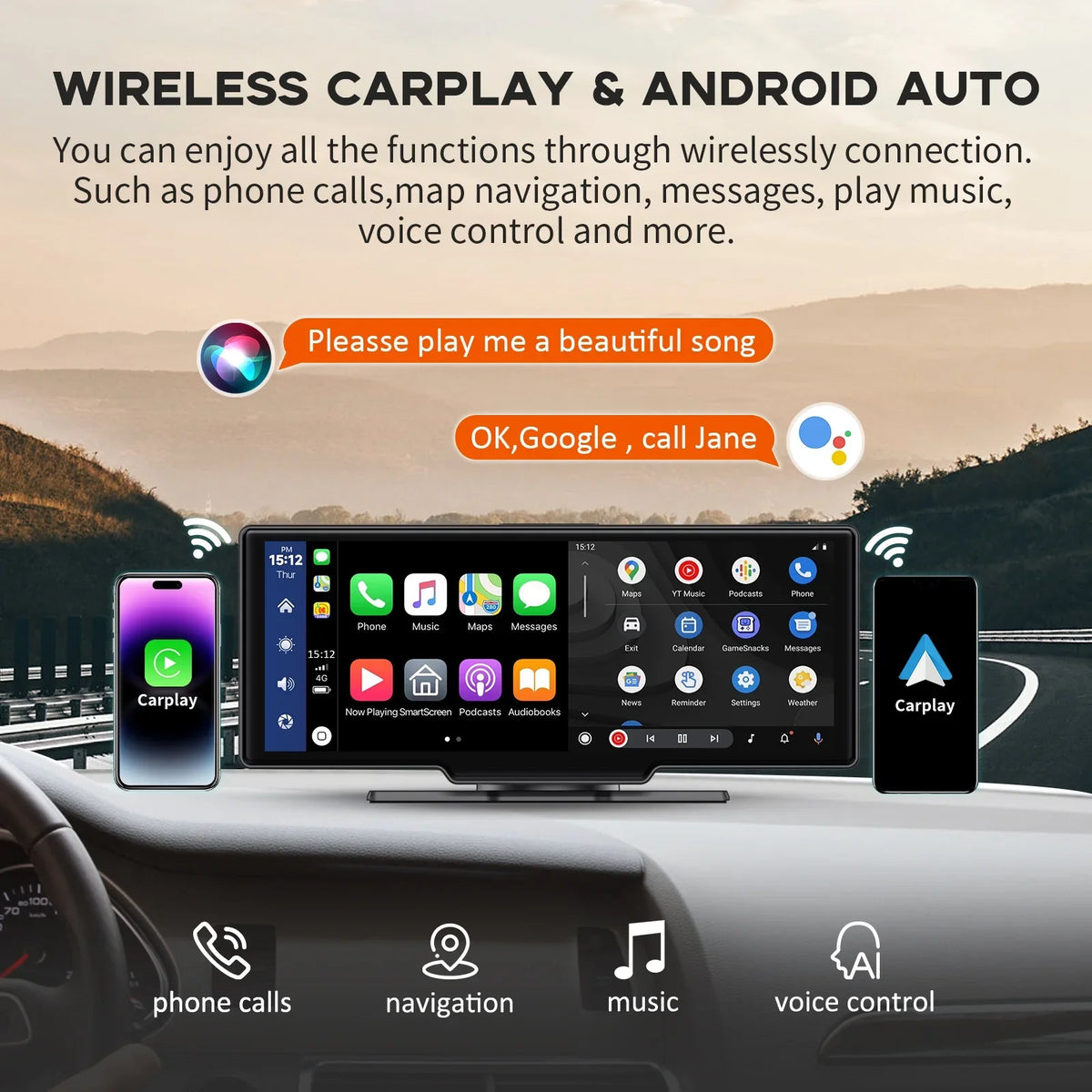 Herilary Wireless  Carplay Screen Car Stereo Android Auto Car Play Adapter 10.26" Touch Screen Wireless Carplay with 2.5K Dash Cam, Mirror Link/Siri/Wifi/Bluetooth/Double Din