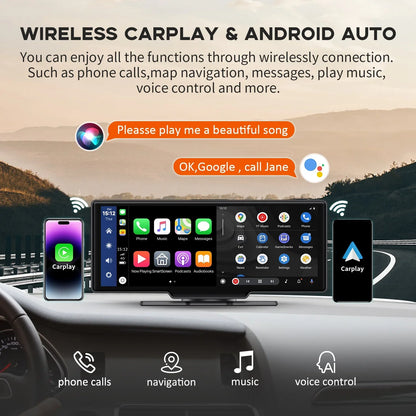 Herilary Wireless  Carplay Screen Car Stereo Android Auto Car Play Adapter 10.26" Touch Screen Wireless Carplay with 2.5K Dash Cam, Mirror Link/Siri/Wifi/Bluetooth/Double Din