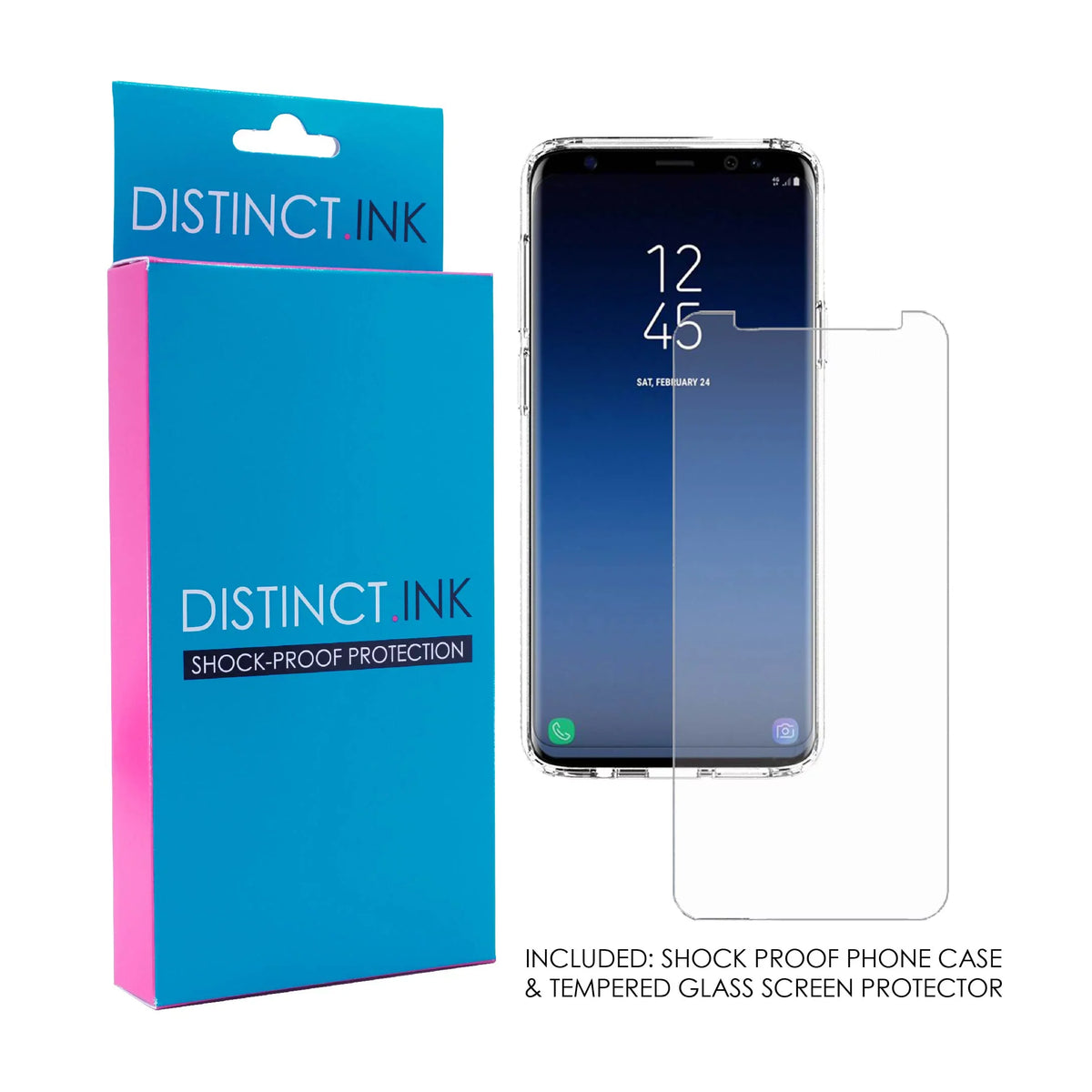 DistinctInk Clear Shockproof Hybrid Case for  Galaxy S9+ PLUS (6.2" Screen) - TPU Bumper, Acrylic Back, Tempered Glass Screen Protector - Luke 1:37 - Faith Does Not Make Easy Makes Possible