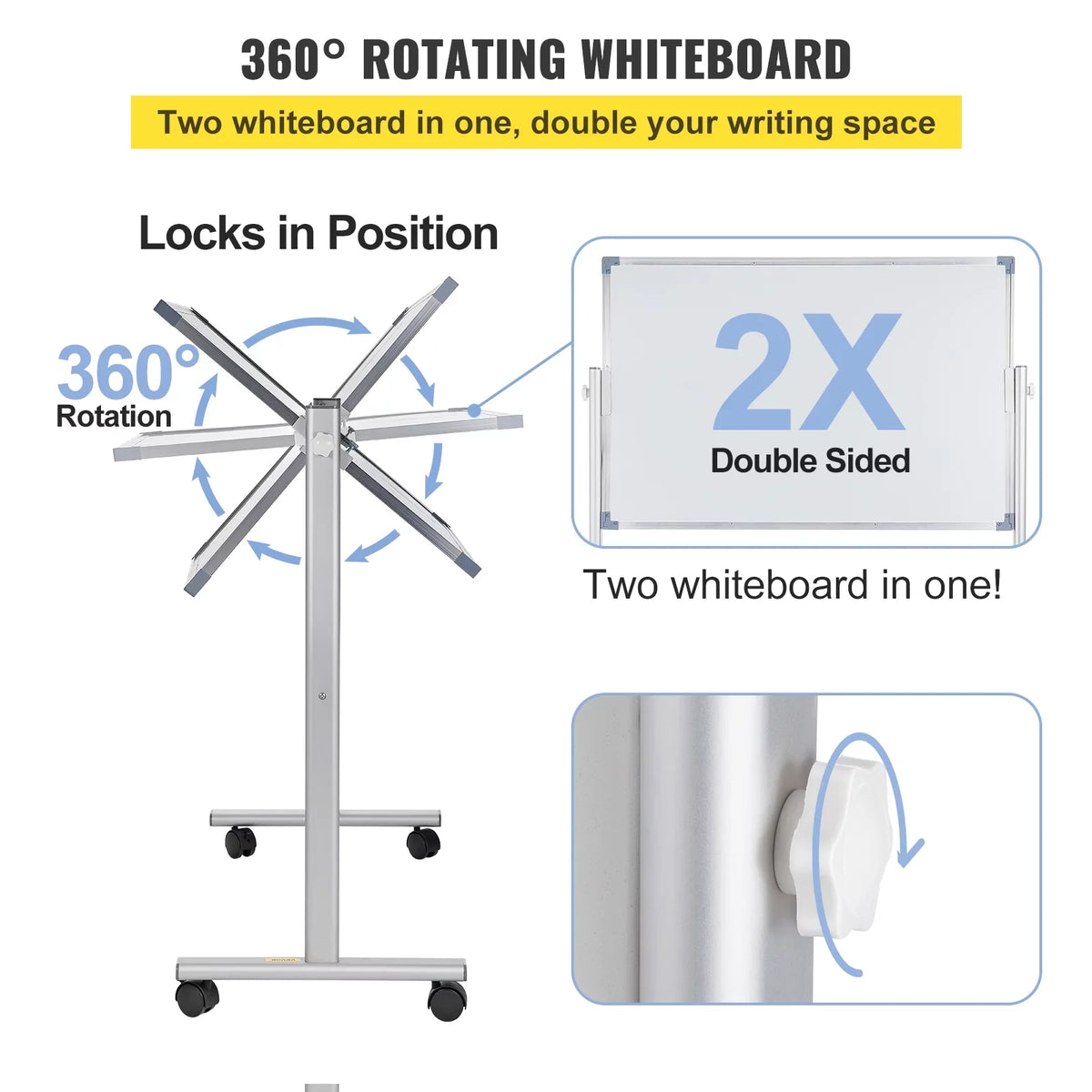 BENTISM Mobile Magnetic Whiteboard Dry Erase Board  w/ Stand 36" x 24" Double Sided with Height Adjustable Aluminum Frame and 360 Reversible Rolling Lockable Swivel Wheels for Office School Home