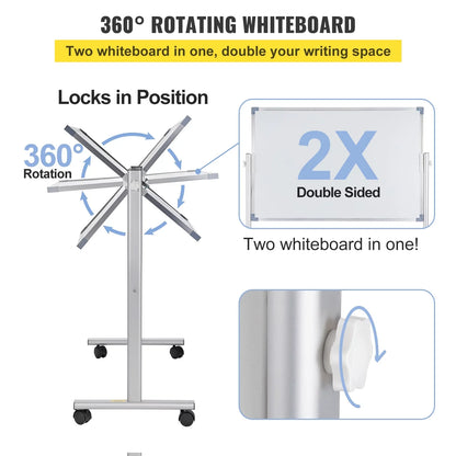 BENTISM Mobile Magnetic Whiteboard Dry Erase Board  w/ Stand 36" x 24" Double Sided with Height Adjustable Aluminum Frame and 360 Reversible Rolling Lockable Swivel Wheels for Office School Home