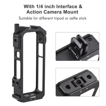 Andoer Aluminum Alloy Panoramic Camera Video Cage - Features Dual Cold Shoe Mounts, Metal Protective Frame, Vlog Accessories, Suitable for Insta360 X3