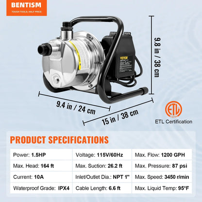 BENTISMShallowWell Pump, 1.5  115V, 1200 GPH 164 ft Height, 87 psi Max Pressure, Portable Stainless Steel Sprinkler Booster Jet Pumps for Garden Lawn Irrigation system, Lake Fountain, WaterTransfer