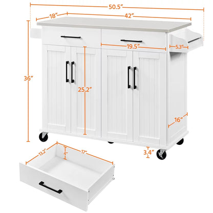 Yaheetech Kitchen Island with Storage Drawers & Cabinets & Towel Bar & Spice Rack, White