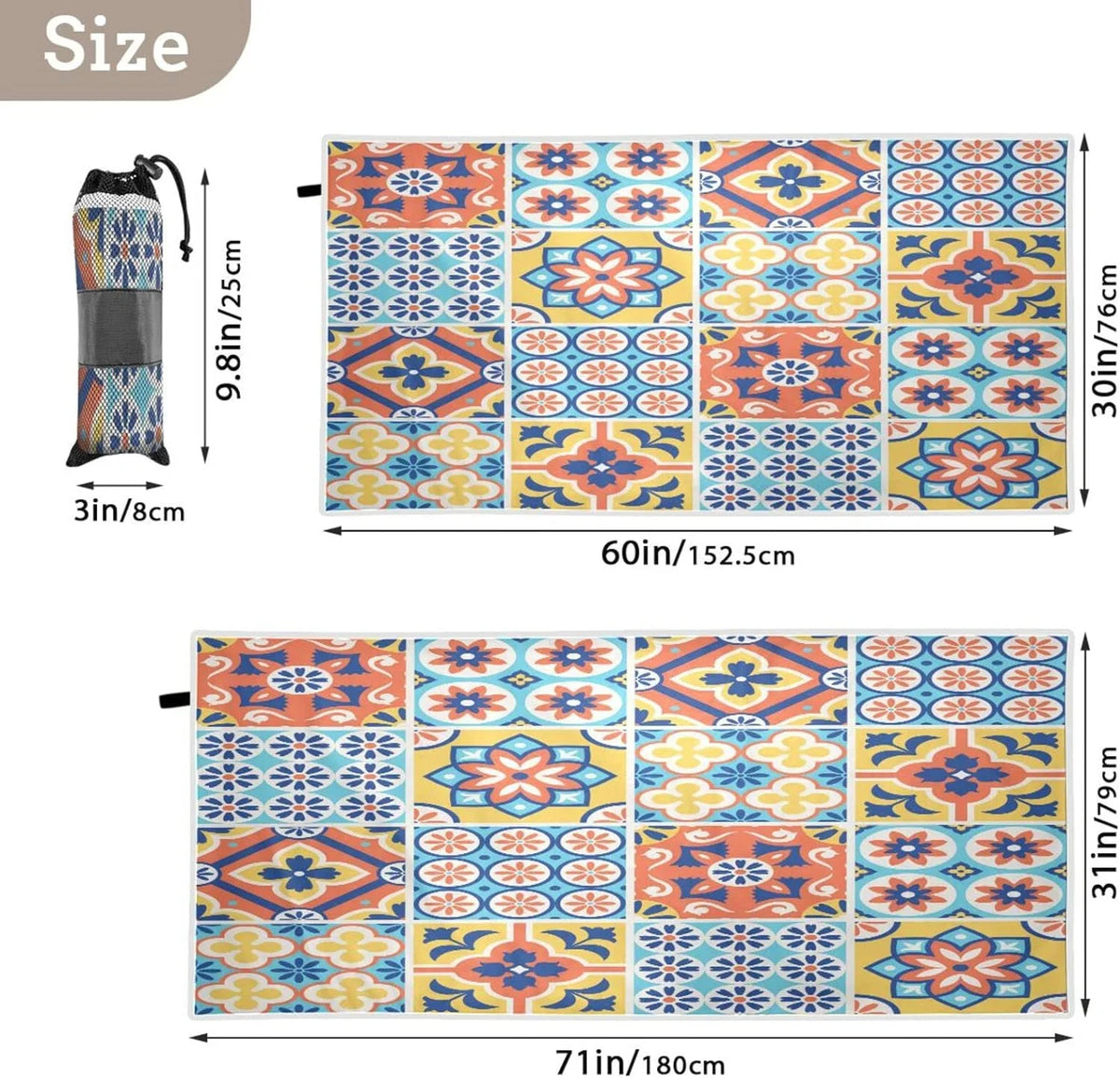 Bestwell Mexican Talavera Tiles Style Beach Towel Oversized Towel Blanket, Thin Lightweight Microfiber Sand Free Quick Dry Towel, 31”X71” Multipurpose Pool Bath Yoga Swim Shower Towel