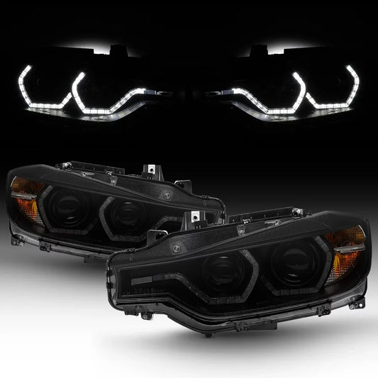 AKKON - For  F30 3-Series 4 Doors Sedan Black Smoked Factory Halogen Type Dual U-Halo Ring LED Projector Headlights