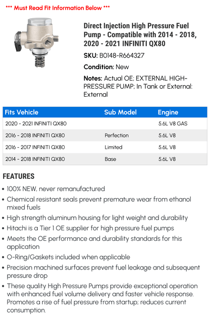 Direct Injection High Pressure Fuel Pump - matching with 2014 - 2018, 2020 - 2021 INFINITI QX80 2015 2016 2017