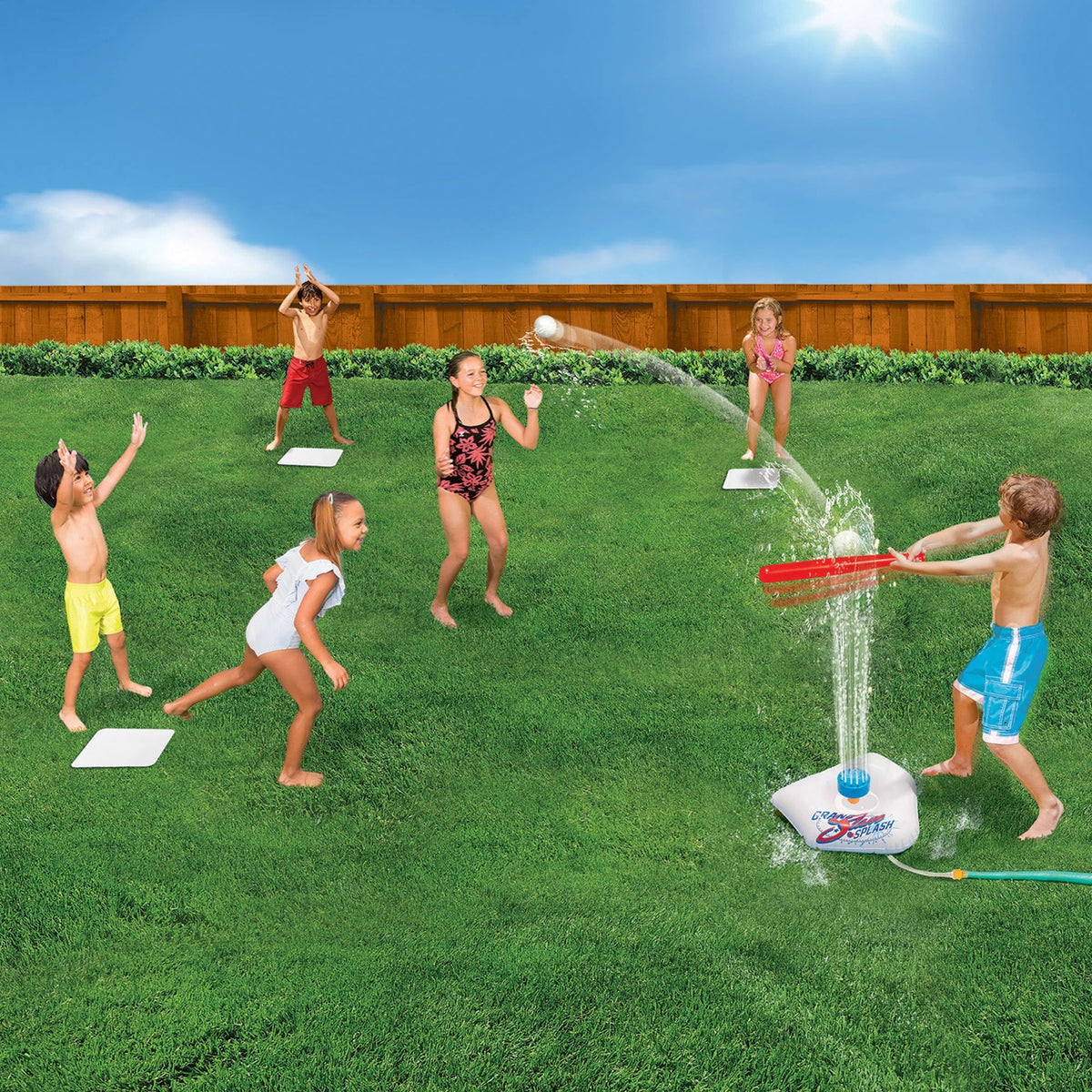 Banzai Splash & Slam Baseball - Tee & Sprinkler liquid Sports Game - Includes Plastic Bat + 2 Plastic Balls + Home Plate & Bases, , Backyard Batting Practice, Kids Ages 3