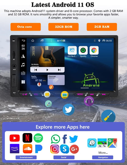 Android 11 Car Stereo with Wireless  Carplay Double Din Android Auto Car Radio 7 Inch IPS G+G Touch Screen Bluetooth WiFi GPS Navigation Mirrorlink DSP Octa Core Backup Camera