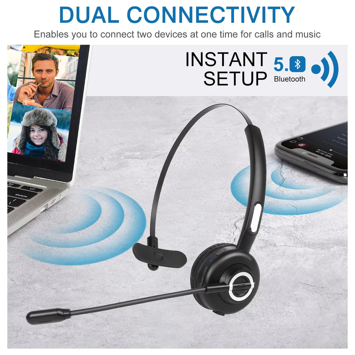 Comfortable Bluetooth Headset, UX-M97 Wireless Headset with Microphone, Wireless Cell Phone Headset with Noise Isolation Mic Charging Base Mute Function for Oppo RX17 Pro With Charging Dock