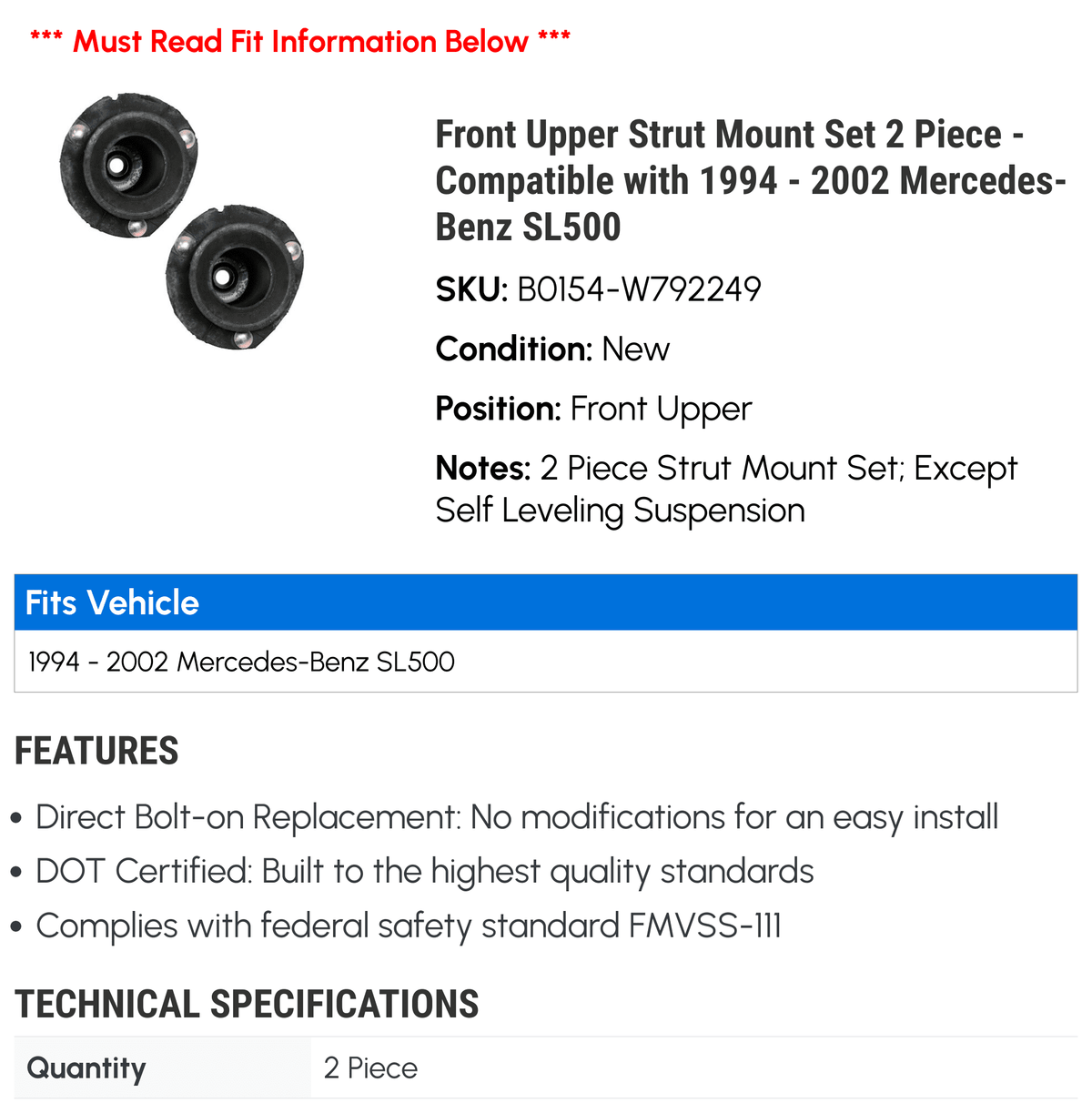 Front Upper Strut Mount Set 2 Piece - appropriate with 1994 - 2002 Mercedes-Benz SL500 1995 1996 1997 1998 1999 2000 2001