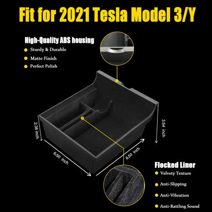 XTAUTO Center Console Organizer Tray Fit for 2021 2022 2023 Tesla Model 3/Y Armrest Storage Box Cubby Drawer Container Tesla Model 3 Model Y Accessories Interior Parts ABS Material Flocked Liner