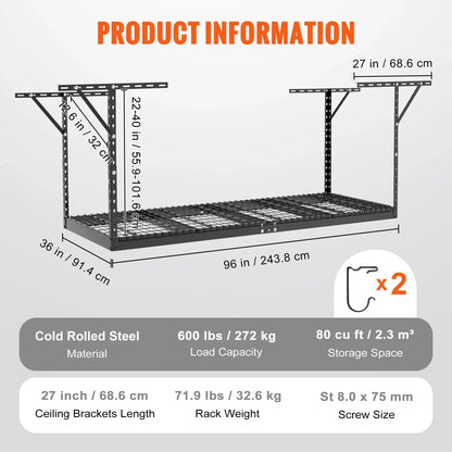 BENTISM Overhead Adjustable Garage Storage Rack 36x96in Ceiling Rack 600lbs Black