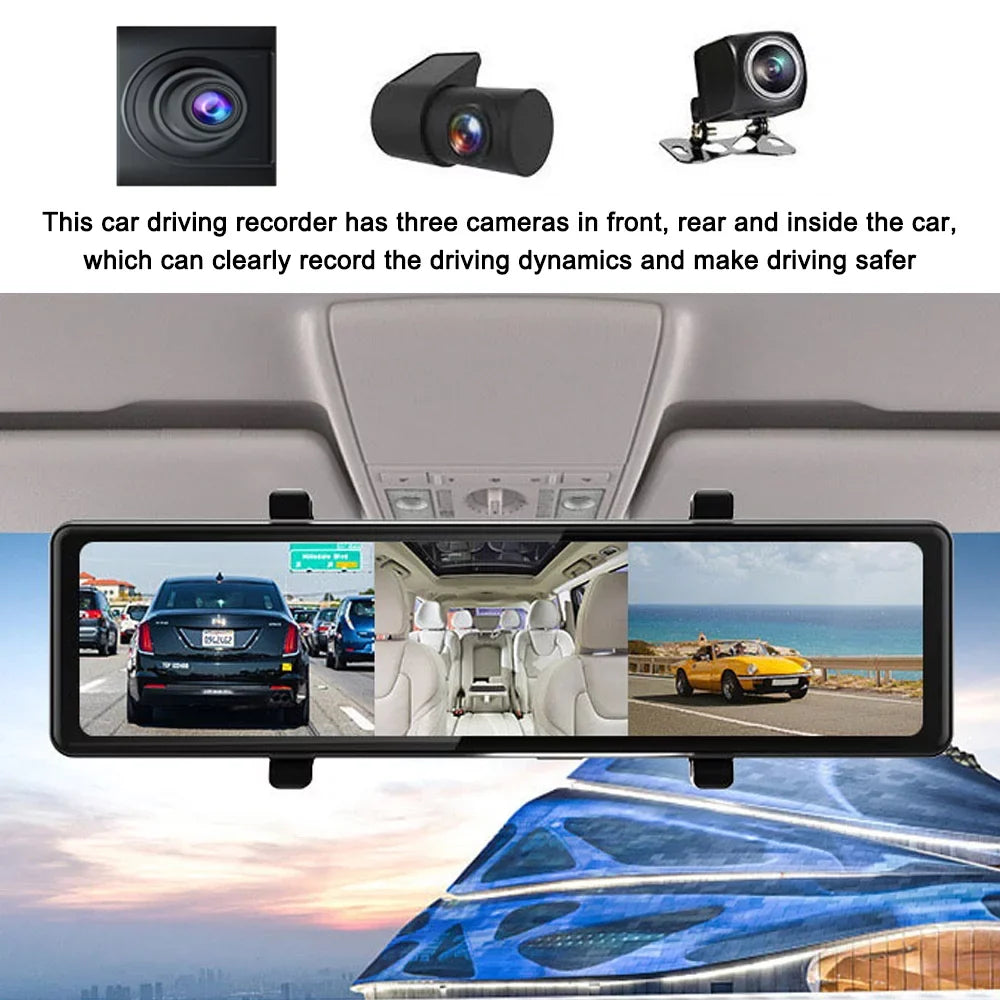 Andoer 3 Cameras Dash Cam 12in 2.5K Clear Car Rearview Mirror Car Video Recording Touched Screen Car Recorder Carplay Auto Driving Recorder
